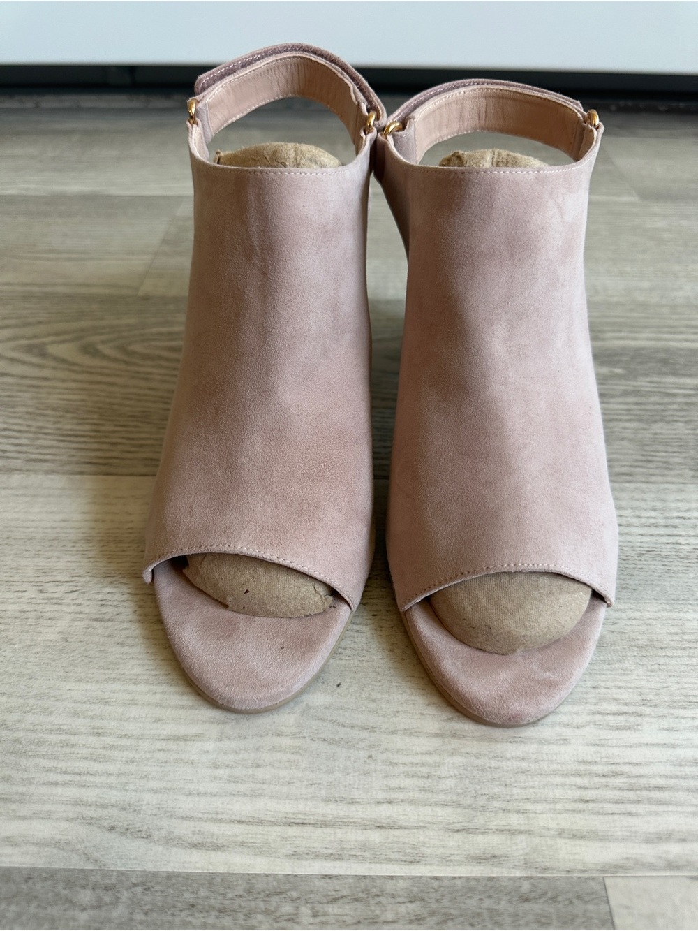 Stuart Weitzman Blush Suede Peep Toe Block Heeled Sandals 8.5 - Picture 5 of 14